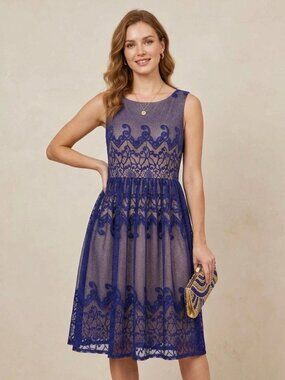 Blue Lace Dress London Time Size 6 Fit & Flare Sleeveless Lace Zip
